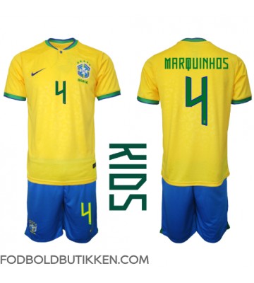 Brasilien Marquinhos #4 Hjemmebanetrøje Børn VM 2022 Kortærmet (+ Korte bukser)